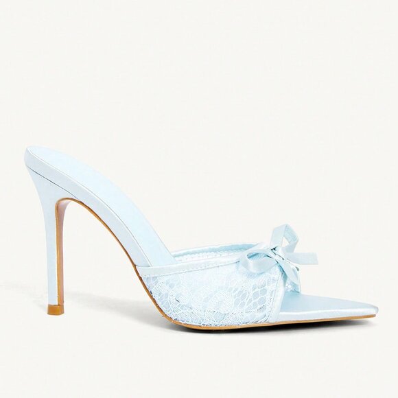 Blue Sexy Women's Satin Mesh Stitching Bow Pointed Stiletto Heels - Picture 4 of 5